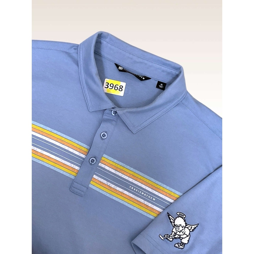 Travis Mathew Mens XL Blue Stripe Short Sleeve Golf Polo Shirt Custom Logo Worn1